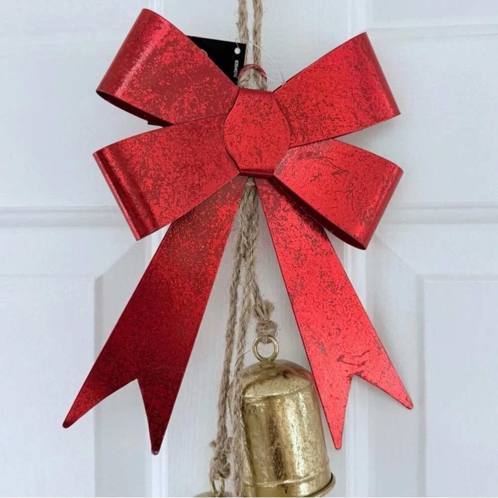 Hobby Lobby Metal & Jute Red Metallic Bow & Gold Jingle Bells Holiday Decor, New